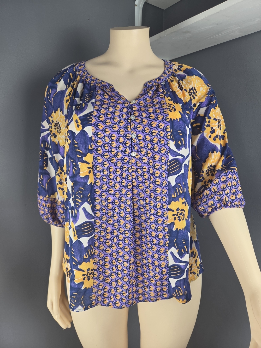 fig and flower Blue and Yellow Floral Button-Front Peasant Blouse